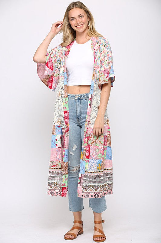 Spring 23 Mixed Prints Bell Sleeve Kimono