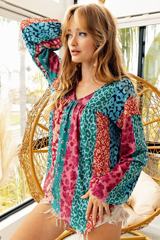 Multi Floral Printed V-Neck Top