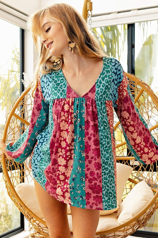 Multi Floral Printed V-Neck Top