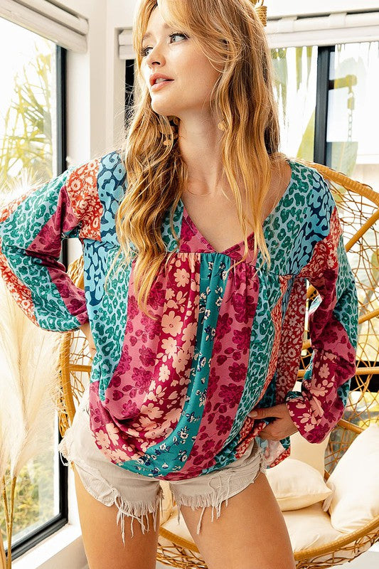Multi Floral Printed V-Neck Top