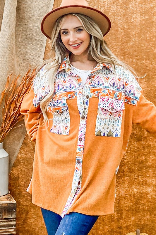 Aztec Printed Color Block Shirt Jacket