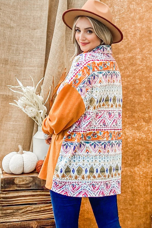 Aztec Printed Color Block Shirt Jacket