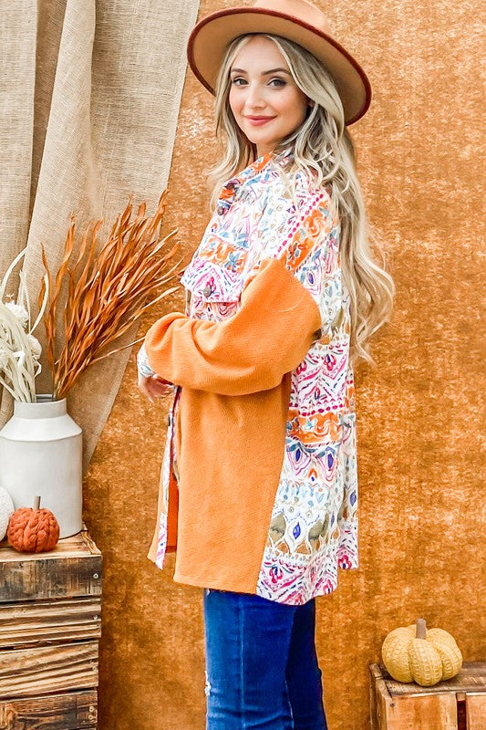 Aztec Printed Color Block Shirt Jacket