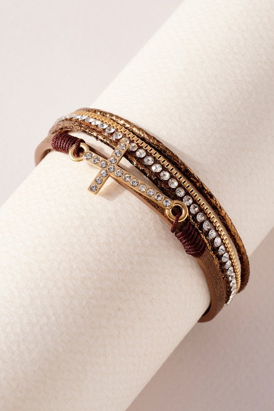 Dazzle Cross Magnetic Clasp Bracelet - Brown