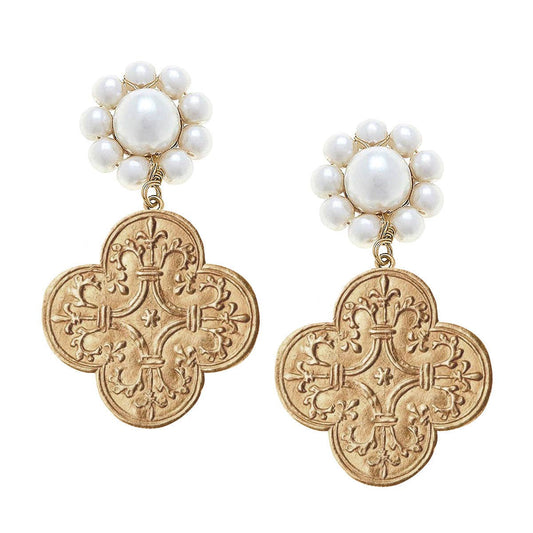 CANVAS Style x MaryCatherineStudio French Quatrefoil Pearl Drop Earrings in Worn Gold