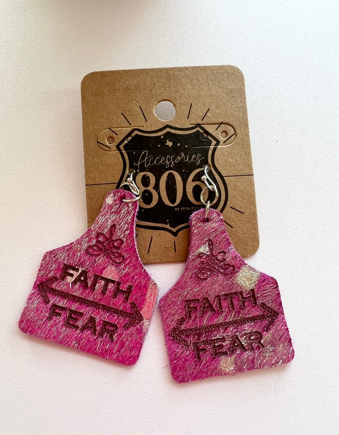 Faith over Fear Cow Tag Earrings