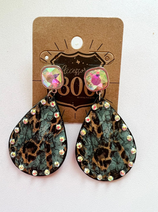 Teal Cheetah Bling Earrings