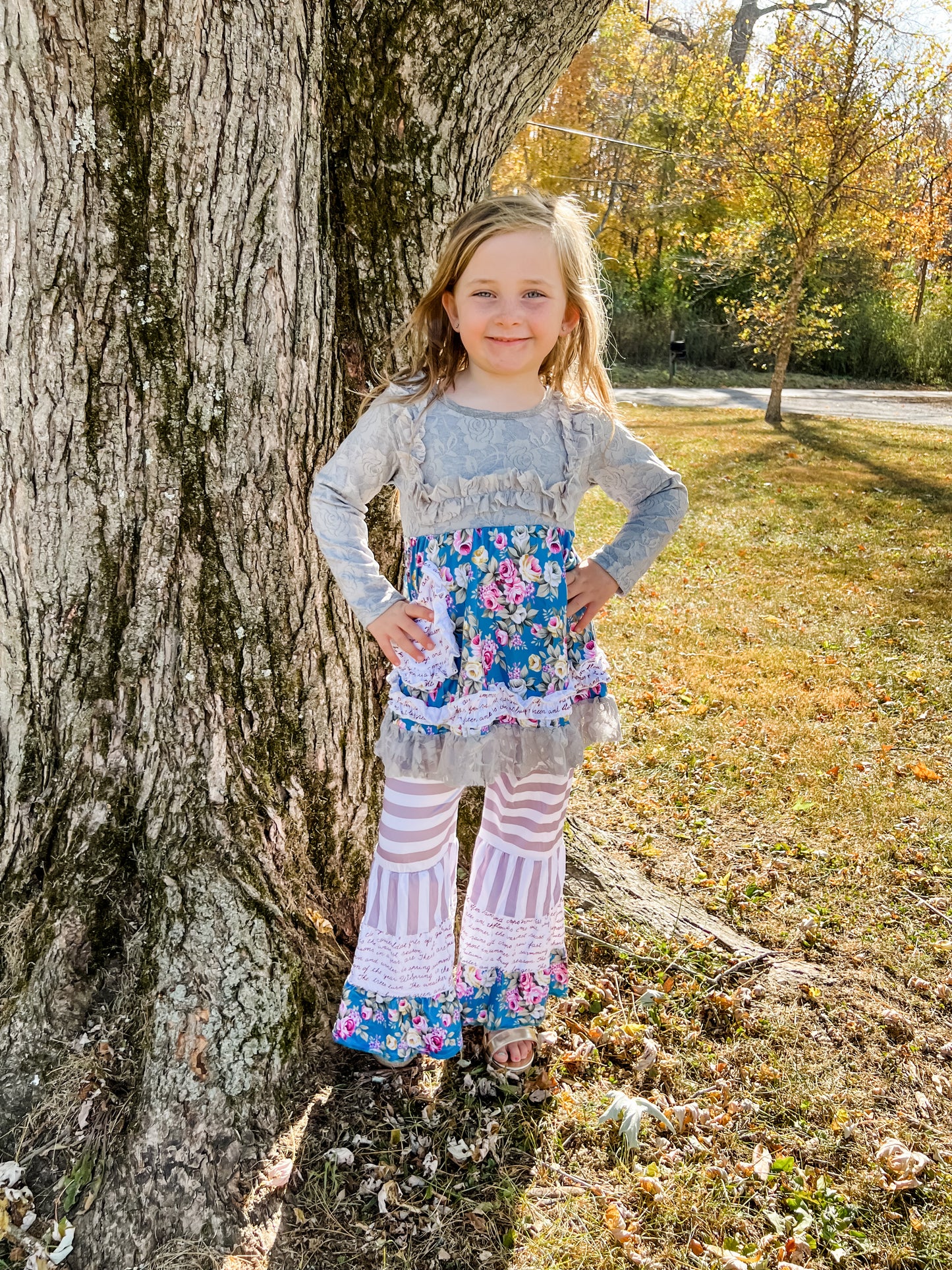 Kids Gray Stripe Bell Bottom Set