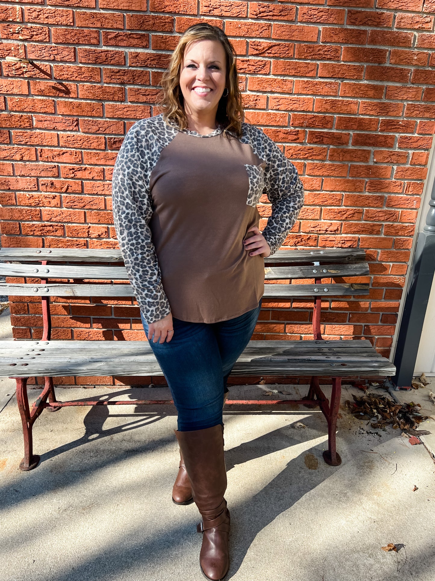 Plus Size Leopard Raglan Top - Mocha