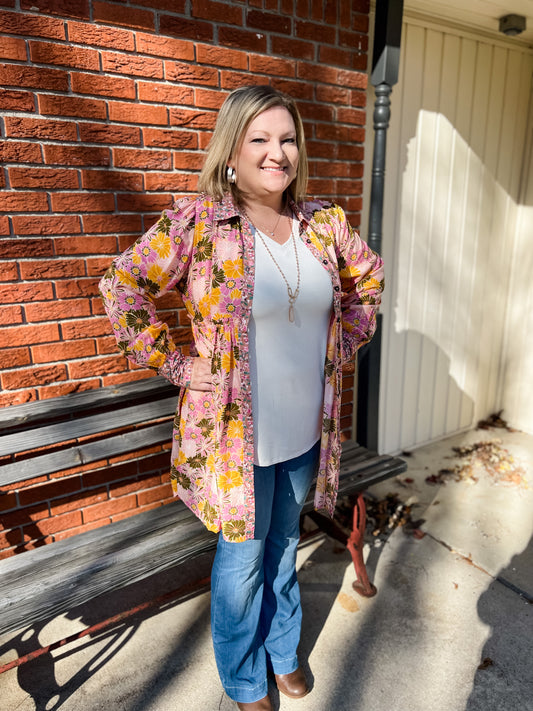 Floral Print Collared Button Down Kimono OR Dress