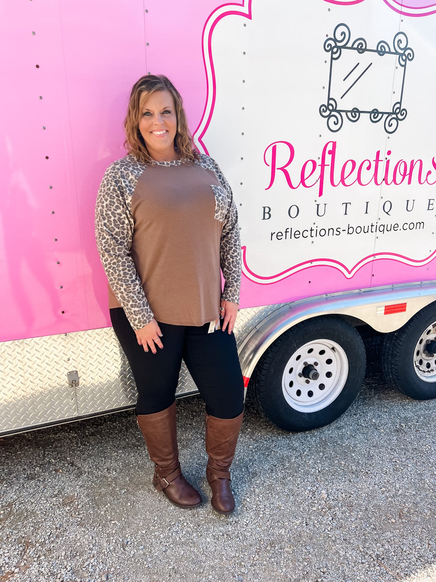 Plus Size Leopard Raglan Top - Mocha