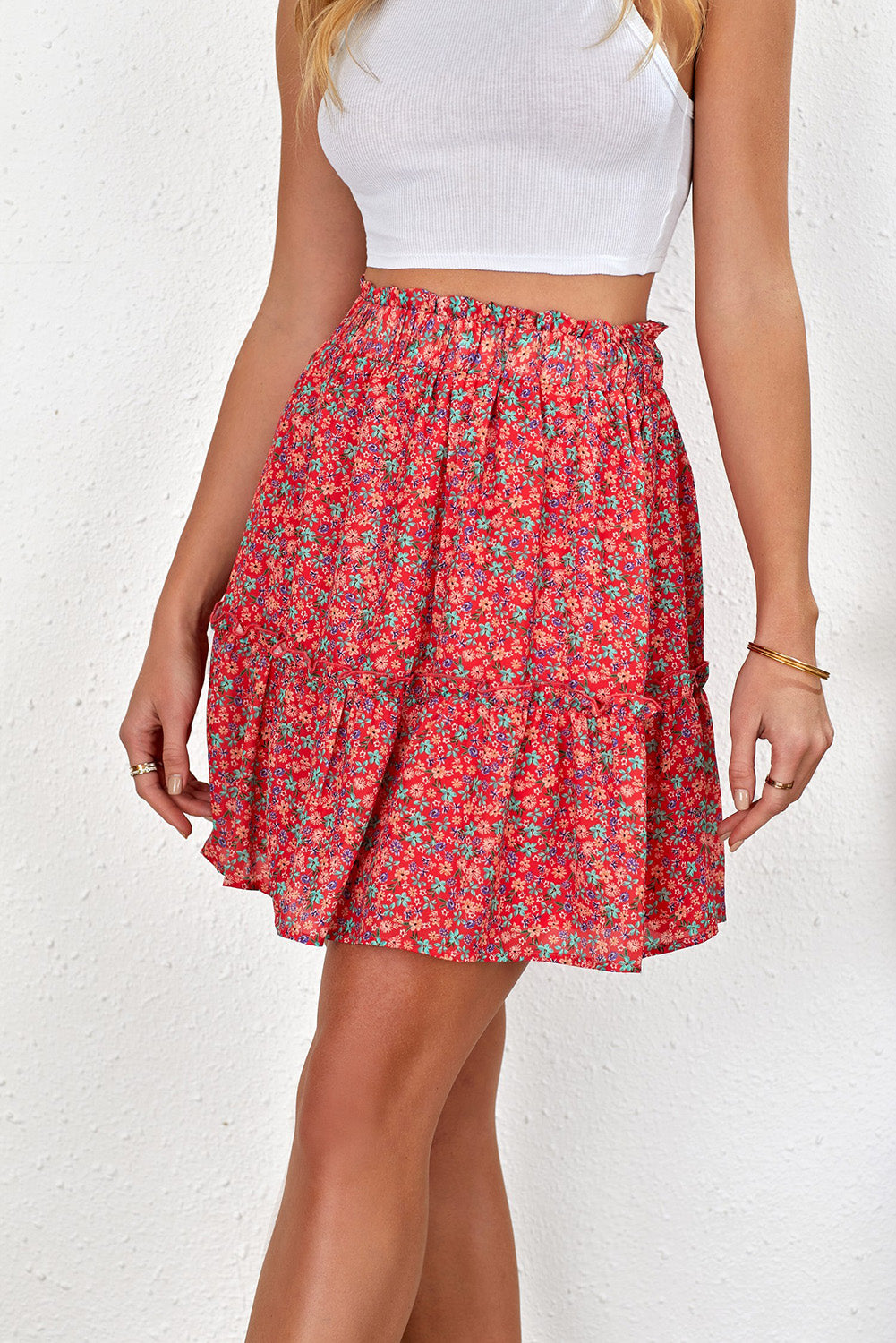 Floral Red Elastic Waist Skirt