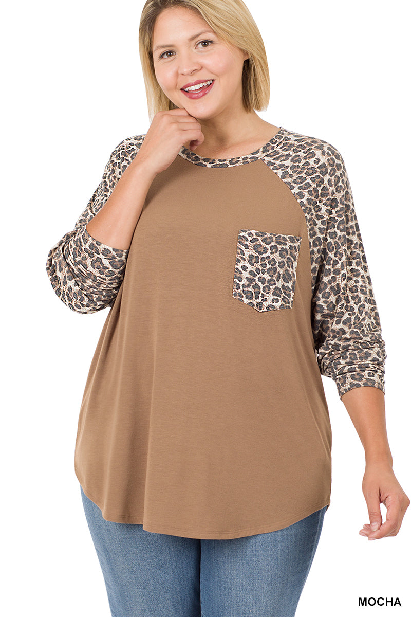Plus Size Leopard Raglan Top - Mocha