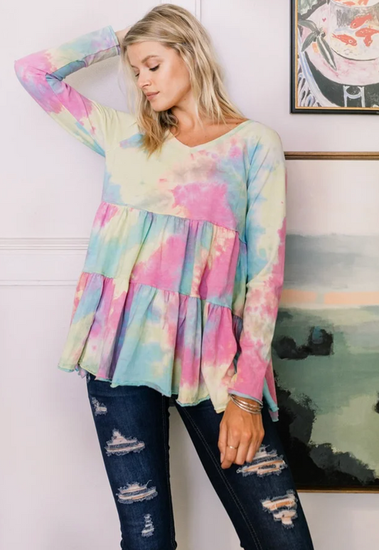 Washed Tie-Dye Printed Knit Babydoll Top