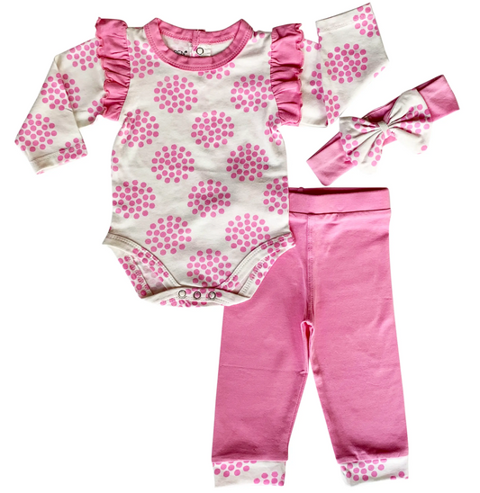3 pc Layette Baby Girls Pink Polka Dot Set