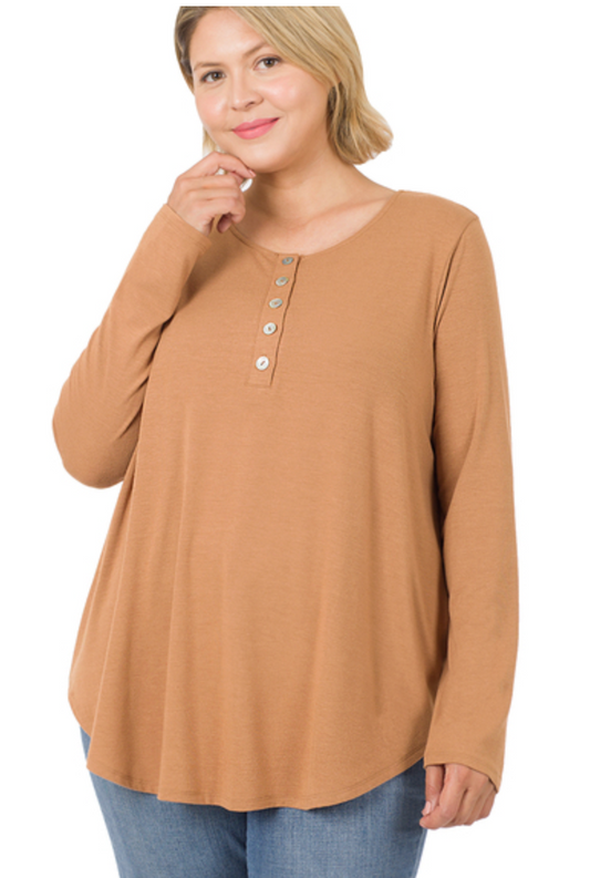 Deep Camel Plus Size Long Sleeve Button Shirt
