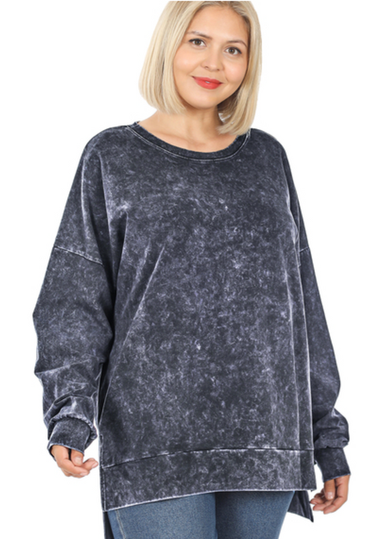 Blue Grey Plus Size Mineral Wash Crewneck