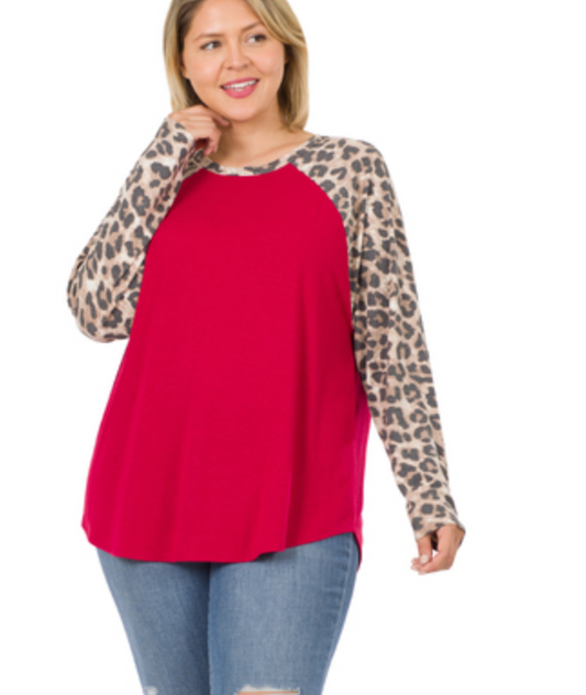 Plus Size Leopard Sleeve Top - Dark Red