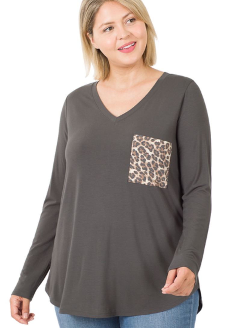 Plus Size Ash Grey Cheetah Pocket Top
