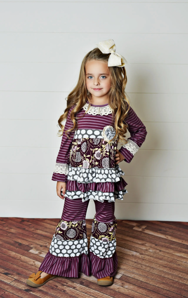 Kids Plum Gray Polka Dot Set