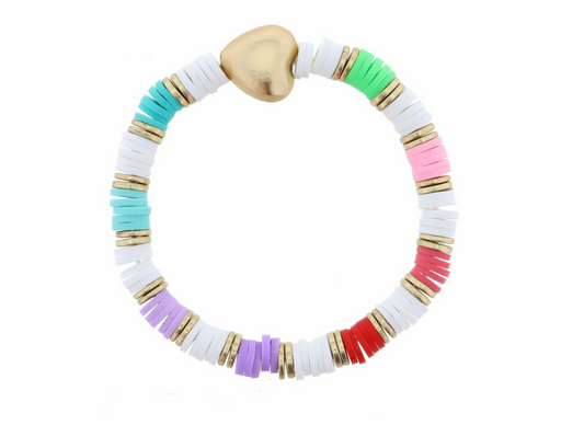 Kids White & Multi Colorblock With Gold 3D Heart Bracelet