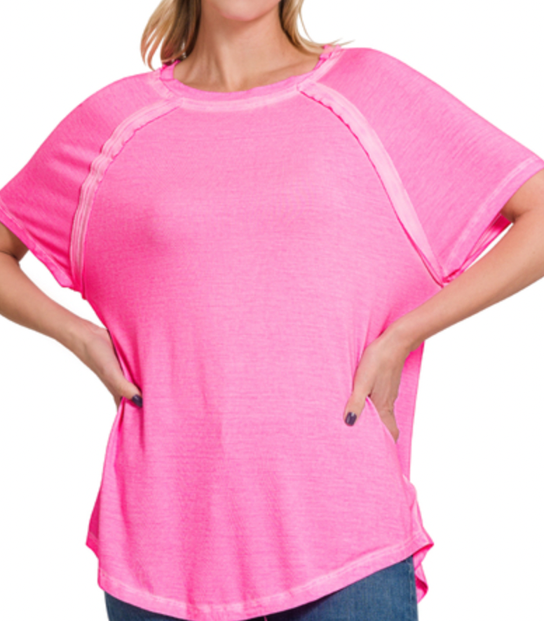 Washed Dolman Sleeve Top - Neon Pink