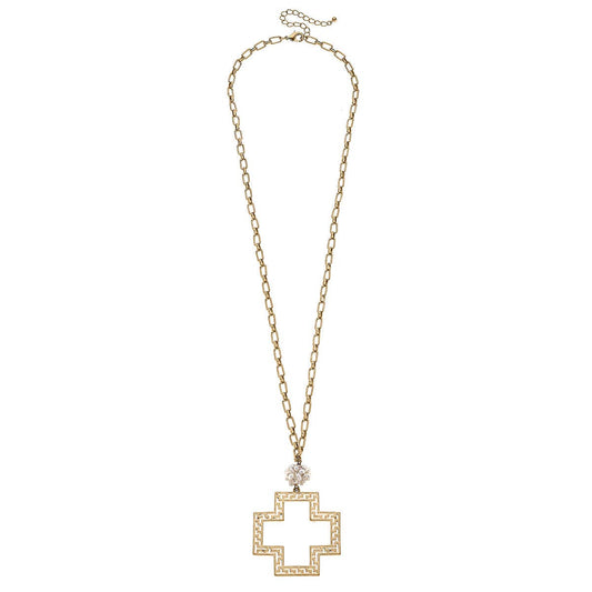 Elysa Greek Keys Cross Pendant & Pearl Necklace in Worn Gold
