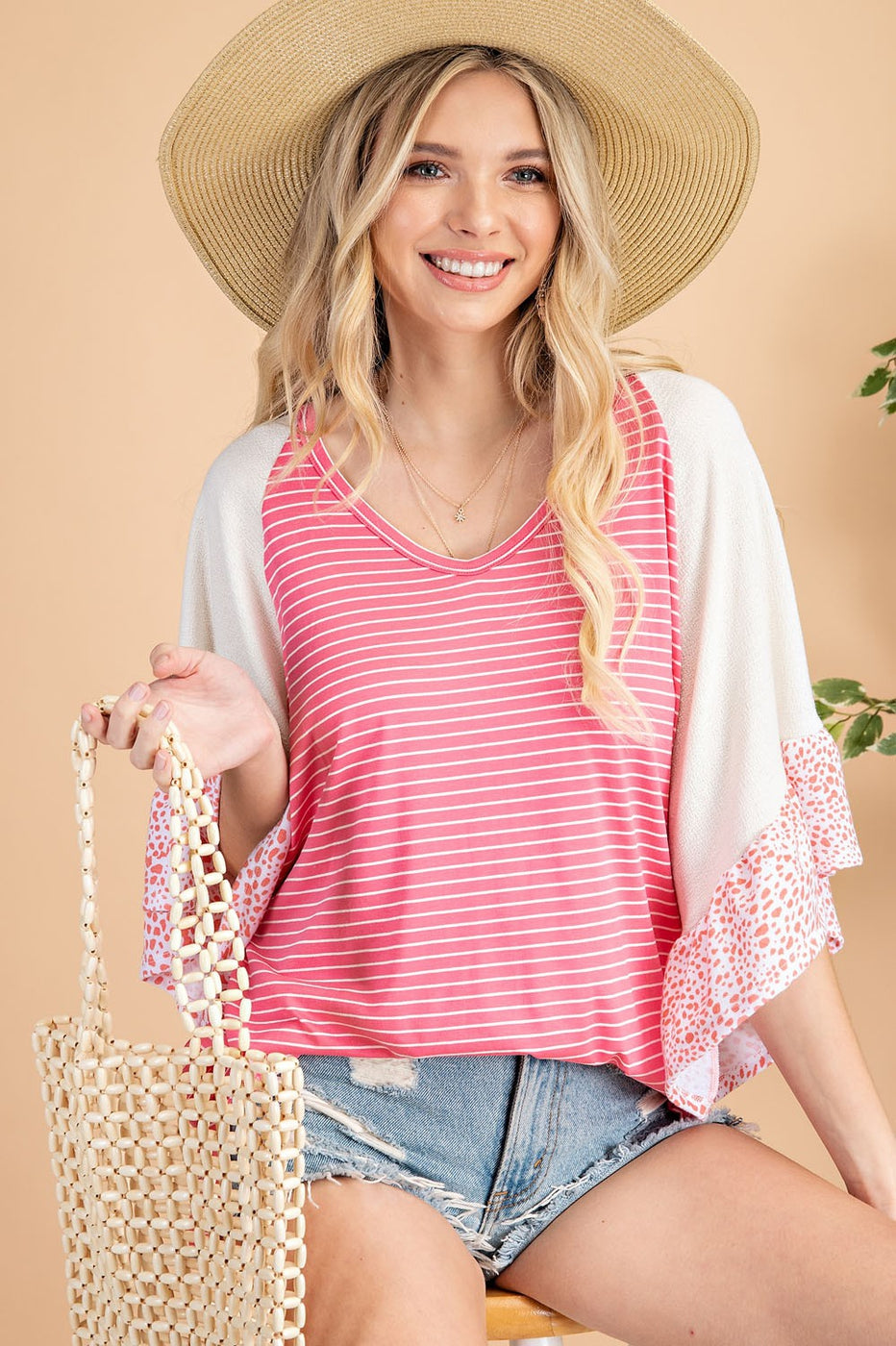 Coral Mixed Texture Top