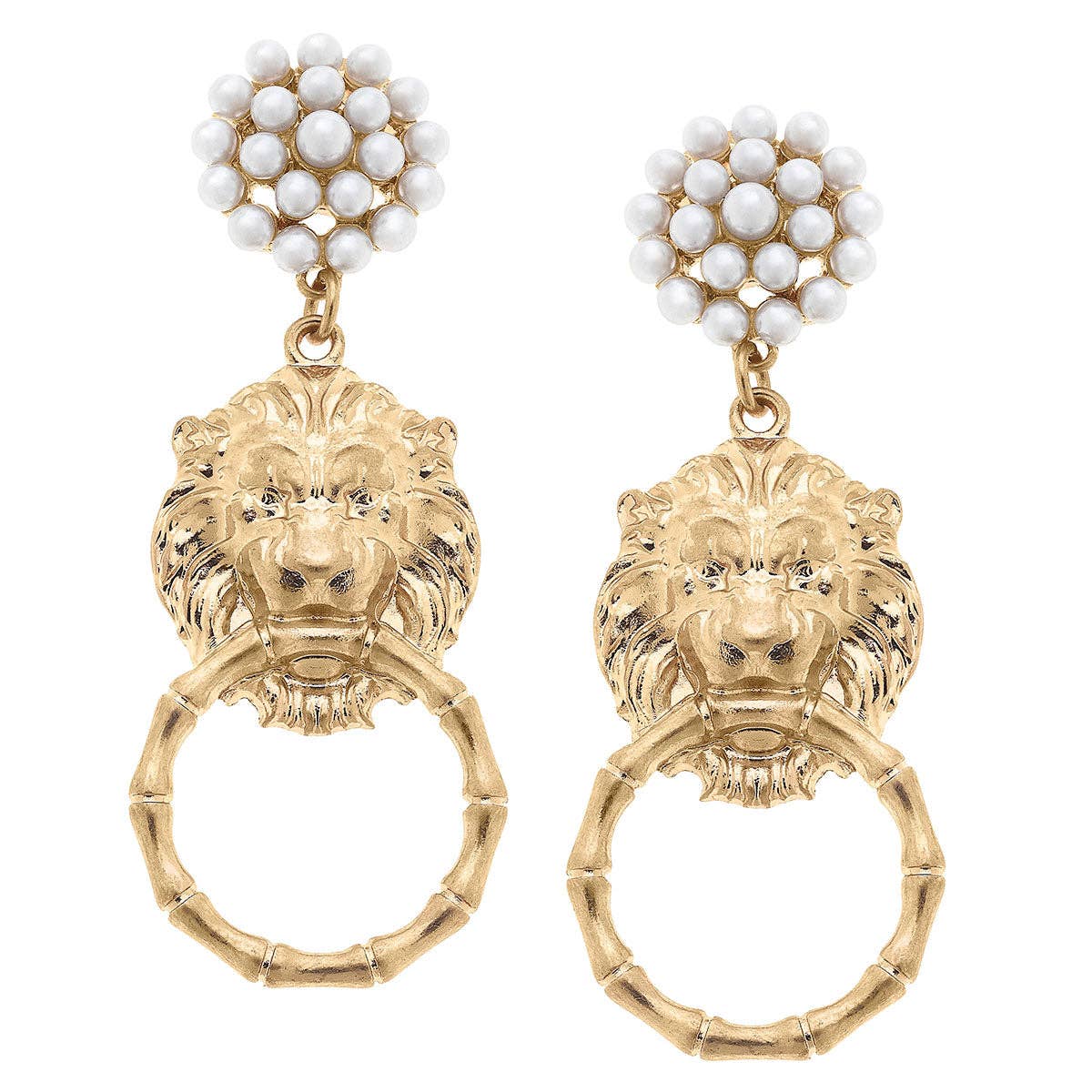 Deanna Pearl Cluster Lion Head Door Knocker Drop Earrings in Worn Gold